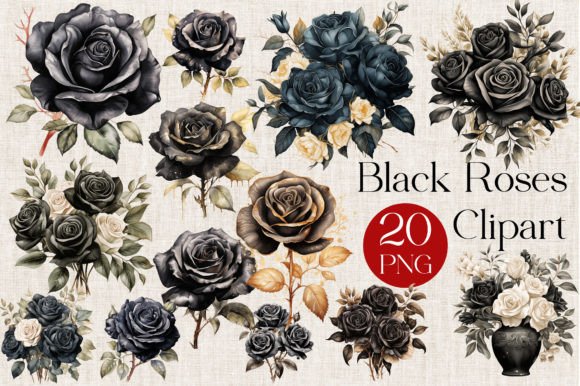 Black Watercolor Roses Clipart: Moody Elegance for Modern Design