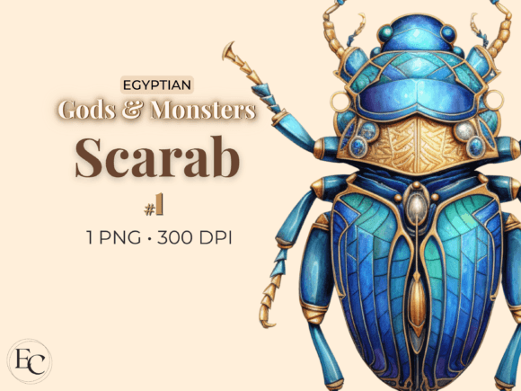 Blue Scarab Egyptian Watercolor Clipart: Ancient Style for Modern Design