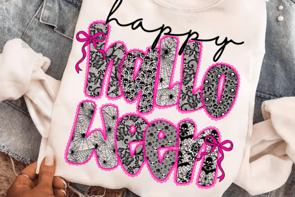 Happy Halloween Lace PNG, Pink Bow Lace: Crafting Spooky Elegance